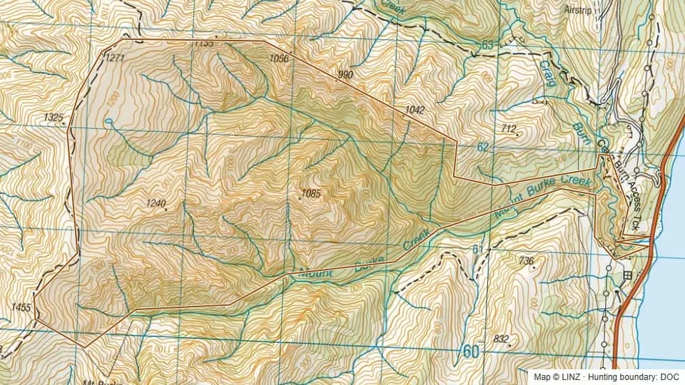 Topographic map of Mt Burke Creek in Otago, New Zealand, with the DOC hunting boundary outlined.