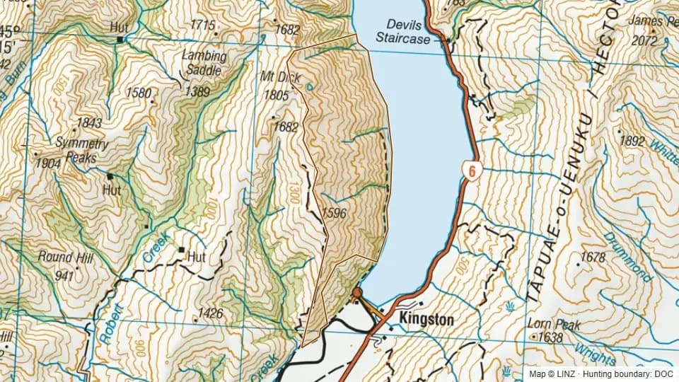 Topographic map of Mt Dick Hunting Area in Otago, New Zealand, with the DOC hunting boundary outlined.
