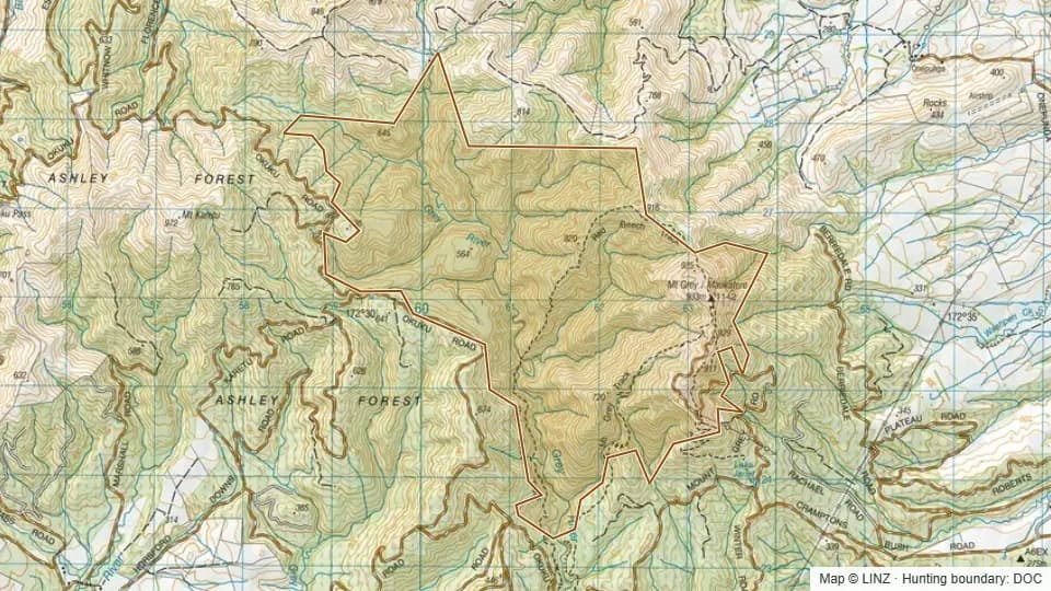 Topographic map of Mt Grey/Maukatere in Canterbury, New Zealand, with the DOC hunting boundary outlined.