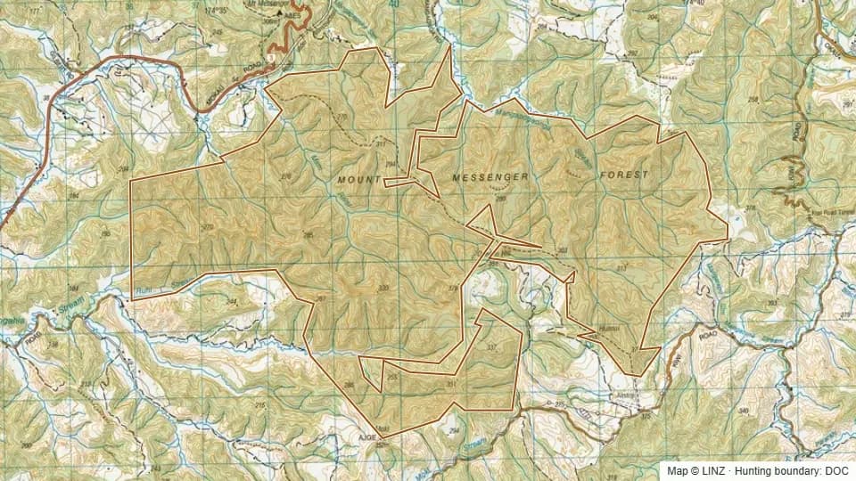 Topographic map of Mt Messenger Conservation Area in Taranaki, New Zealand, with the DOC hunting boundary outlined.