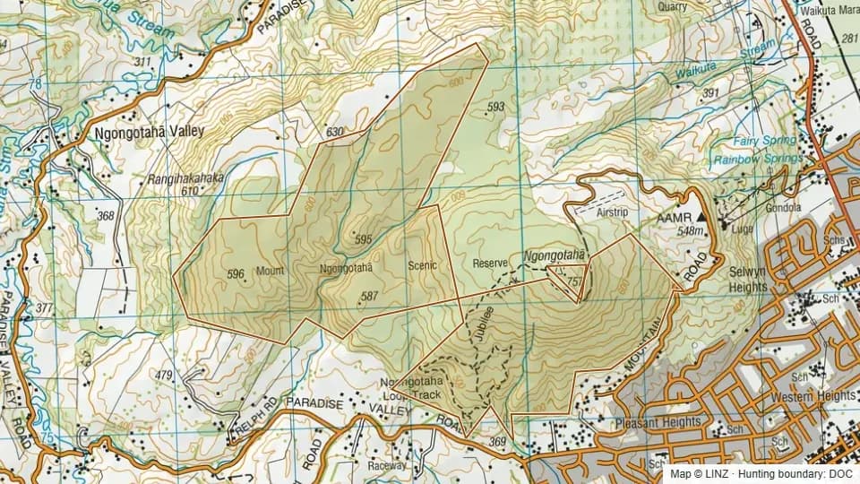 Topographic map of Mt Ngongotaha Scenic Reserve in Bay of Plenty, New Zealand, with the DOC hunting boundary outlined.