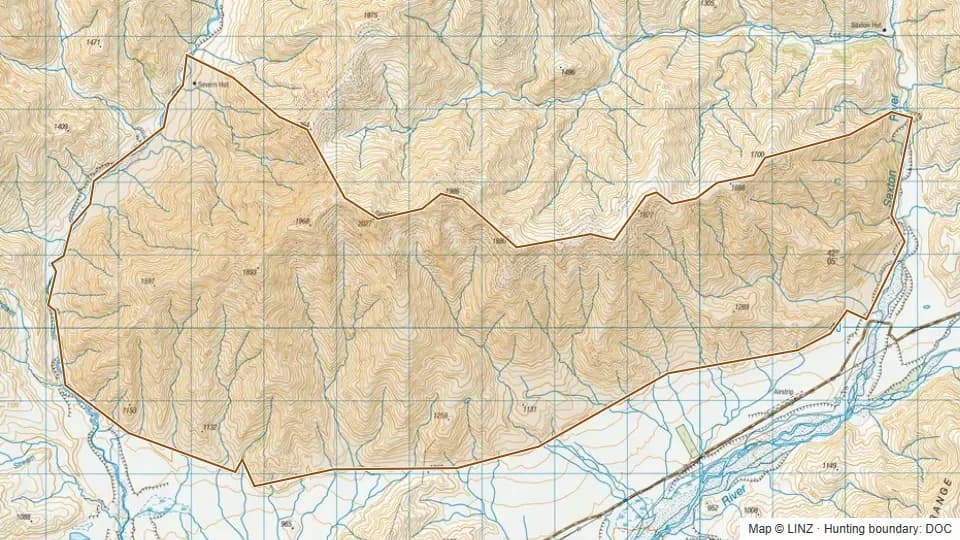 Topographic map of Mt Severn in Marlborough, New Zealand, with the DOC hunting boundary outlined.