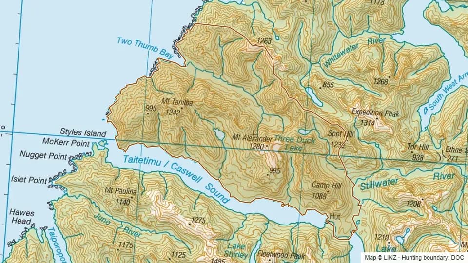 Topographic map of Mt Tanilba in Southland, New Zealand, with the DOC hunting boundary outlined.