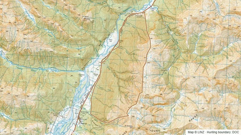 Topographic map of Muddy Creek in Otago, New Zealand, with the DOC hunting boundary outlined.