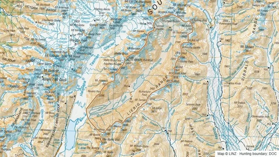 Topographic map of Murchison & Aoraki/Mt Cook in Canterbury, New Zealand, with the DOC hunting boundary outlined.