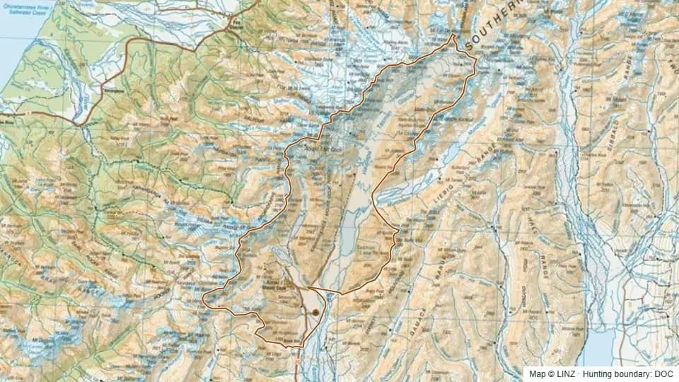 Topographic map of Murchison - Aoraki/Mt Cook in Canterbury, New Zealand, with the DOC hunting boundary outlined.