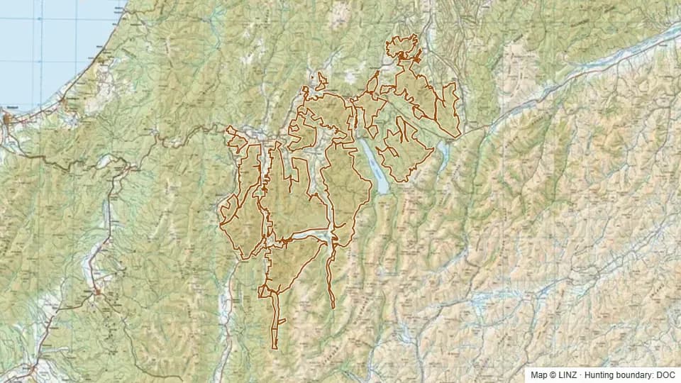 Topographic map of Murchison/St Arnaud Conservation Land/Reserves (incl. Howard and Big Bush) in Tasman, New Zealand, with the DOC hunting boundary outlined.