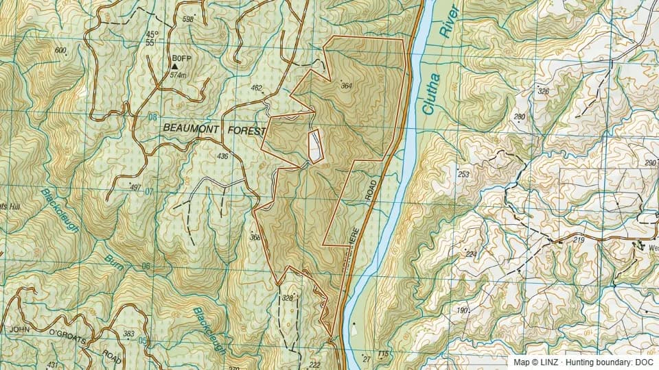 Topographic map of Myles - Blue Mountains in Otago, New Zealand, with the DOC hunting boundary outlined.