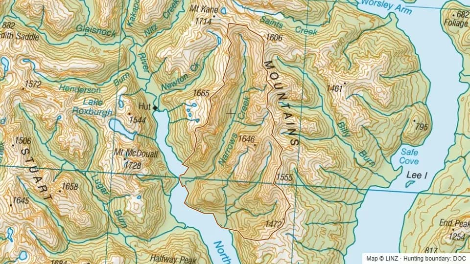 Topographic map of Narrows Creek in Southland, New Zealand, with the DOC hunting boundary outlined.