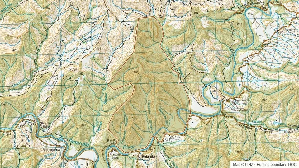 Topographic map of Neilsons Conservation Area in Manawatu-Wanganui, New Zealand, with the DOC hunting boundary outlined.