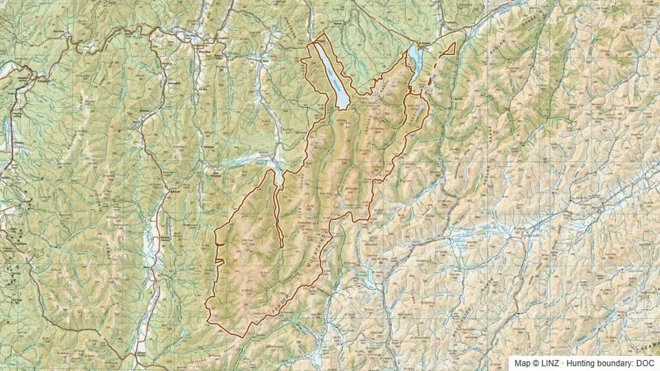 Topographic map of Nelson Lakes National Park in Tasman, New Zealand, with the DOC hunting boundary outlined.