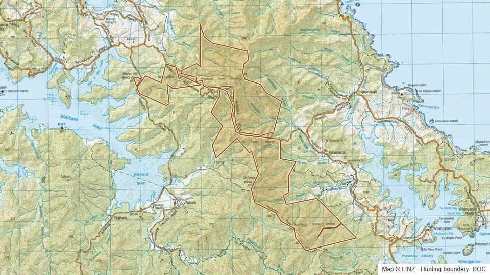 Topographic map of Ngaiotonga Scenic Reserve in Northland, New Zealand, with the DOC hunting boundary outlined.