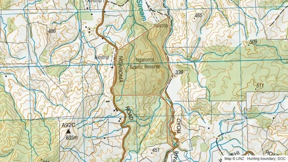 Topographic map of Ngaroma Scenic Reserve in Waikato, New Zealand, with the DOC hunting boundary outlined.