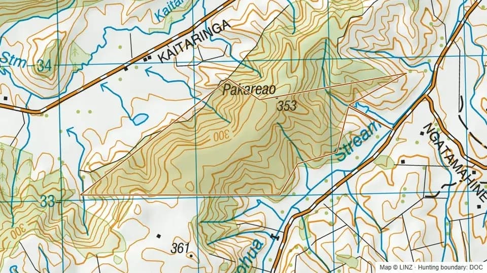 Topographic map of Ngatamahine Scenic Reserve in Waikato, New Zealand, with the DOC hunting boundary outlined.