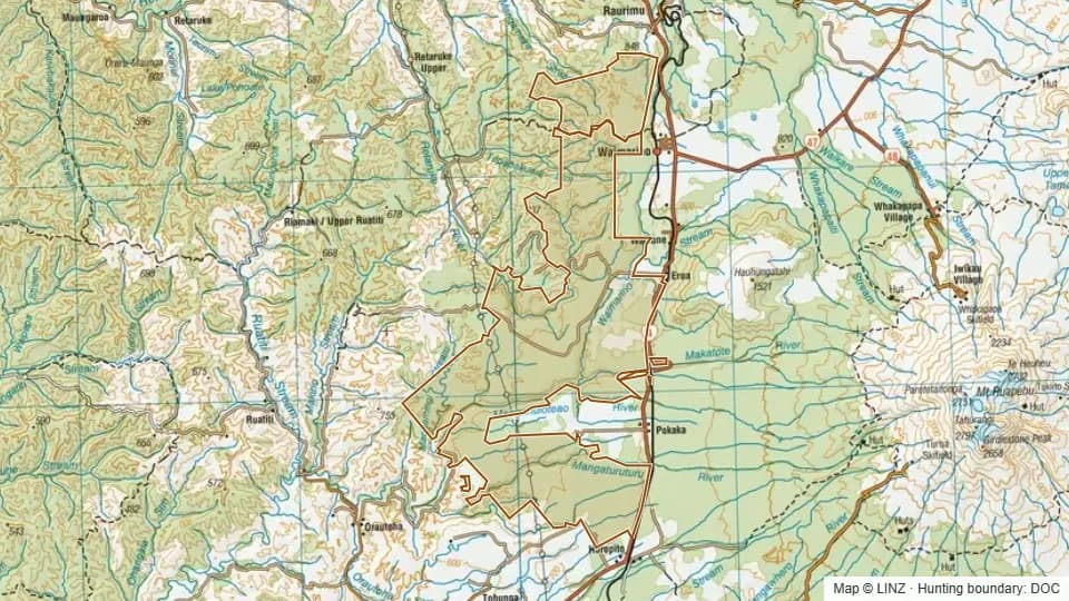 Topographic map of Ngātokoerua Scenic Reserve in Manawatu-Wanganui, New Zealand, with the DOC hunting boundary outlined.