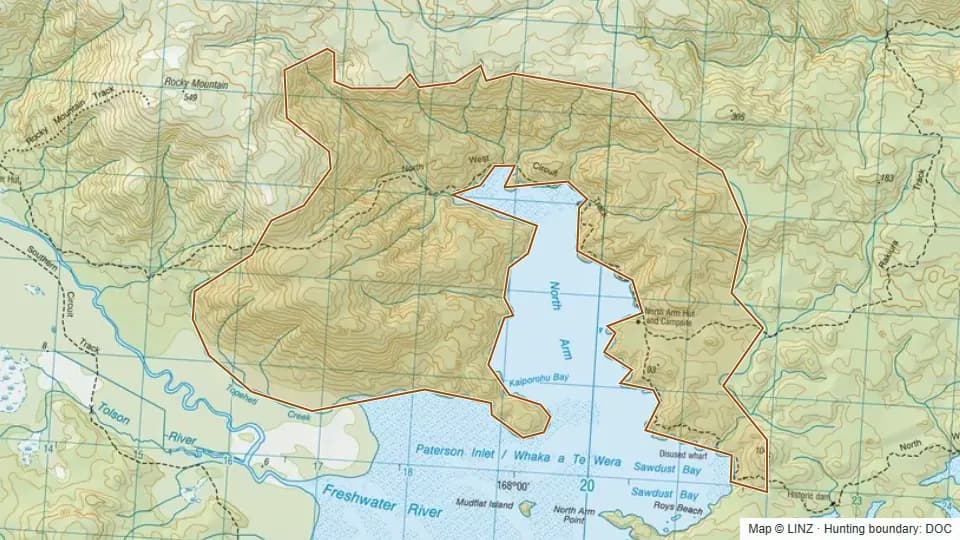 Topographic map of North Arm in Southland, New Zealand, with the DOC hunting boundary outlined.