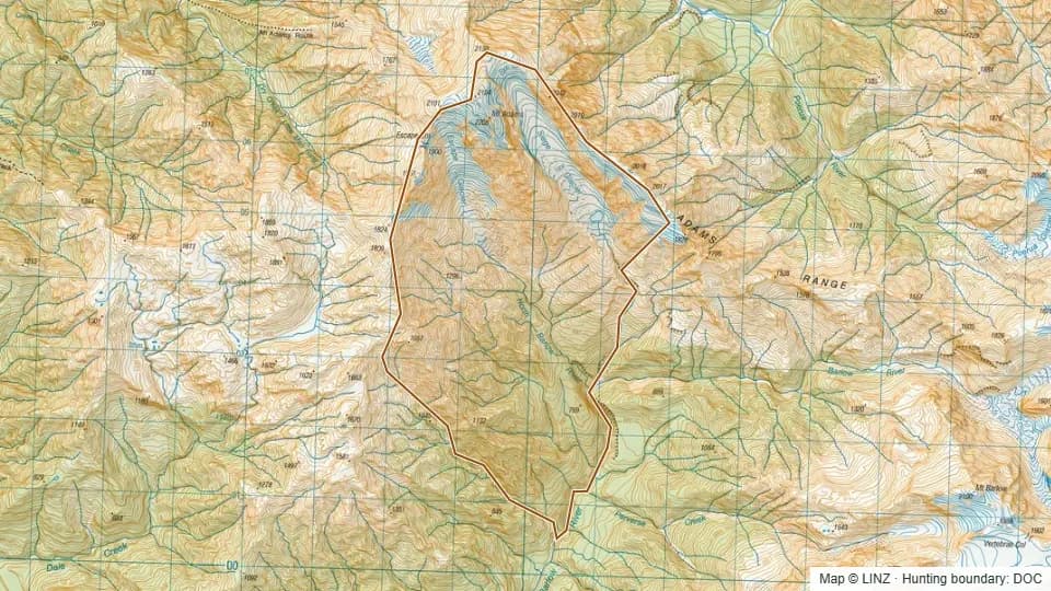Topographic map of North Barlow in West Coast, New Zealand, with the DOC hunting boundary outlined.