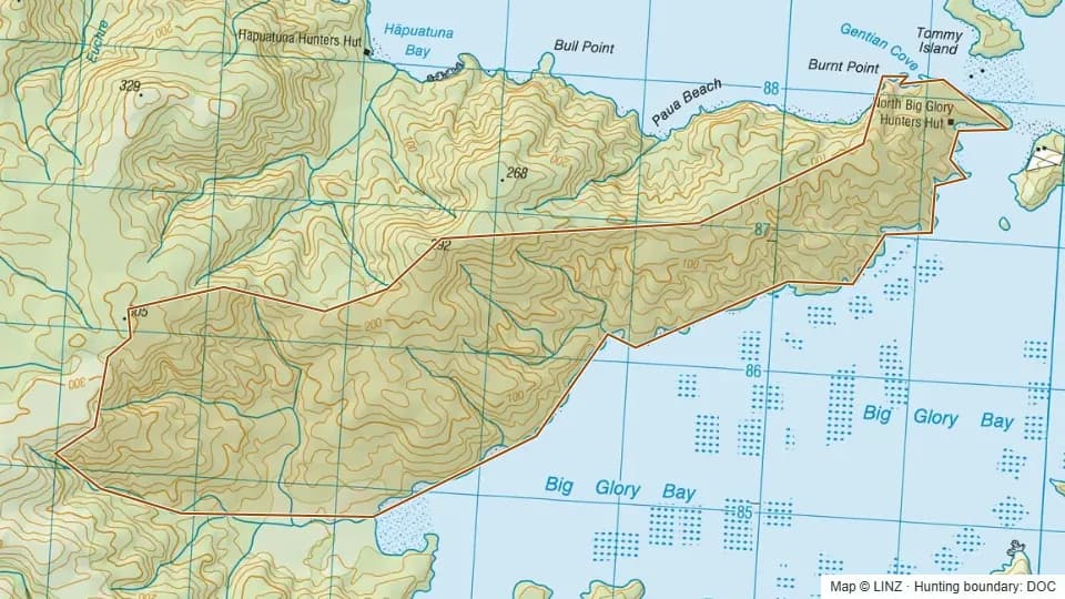 Topographic map of North Big Glory in Southland, New Zealand, with the DOC hunting boundary outlined.
