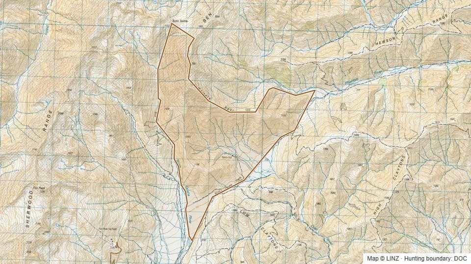 Topographic map of North Opuha in Canterbury, New Zealand, with the DOC hunting boundary outlined.