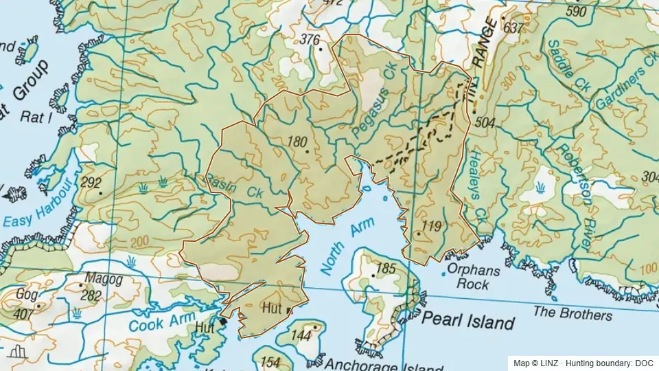 Topographic map of North Pegasus in Southland, New Zealand, with the DOC hunting boundary outlined.