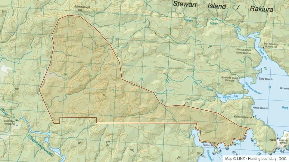 Topographic map of North Tikotatahi in Southland, New Zealand, with the DOC hunting boundary outlined.