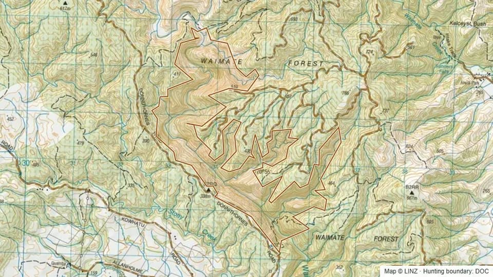 Topographic map of North Waihao in Canterbury, New Zealand, with the DOC hunting boundary outlined.