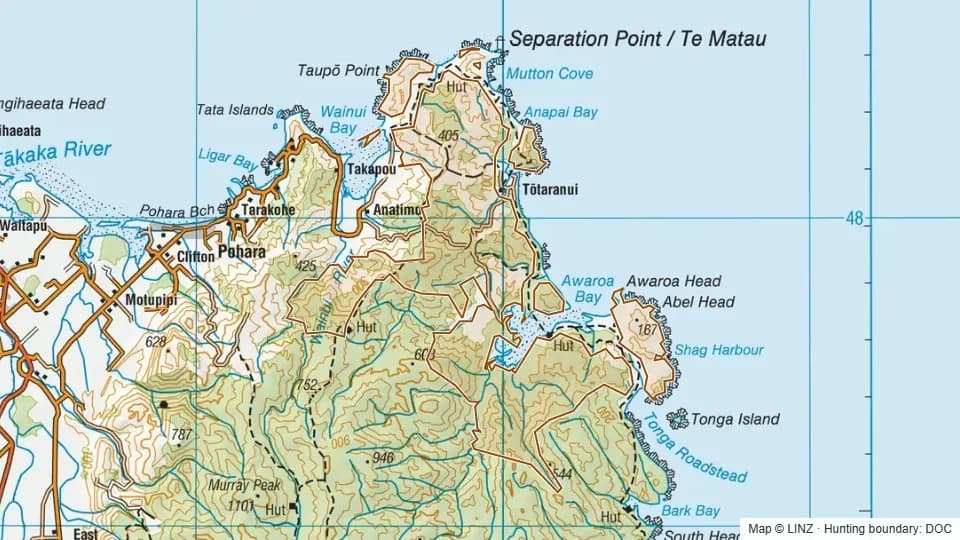 Topographic map of Northern Abel Tasman National Park in Tasman, New Zealand, with the DOC hunting boundary outlined.