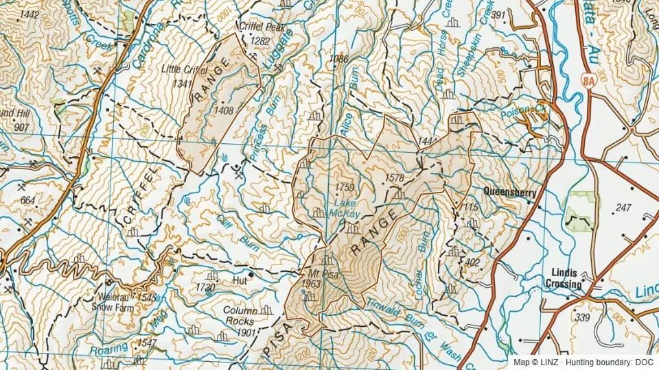 Topographic map of Northern Pisa Conservation Area in Otago, New Zealand, with the DOC hunting boundary outlined.