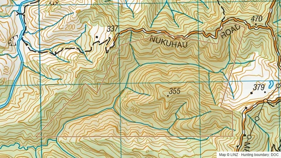 Topographic map of Nukuhau Conservation Area in Taranaki, New Zealand, with the DOC hunting boundary outlined.
