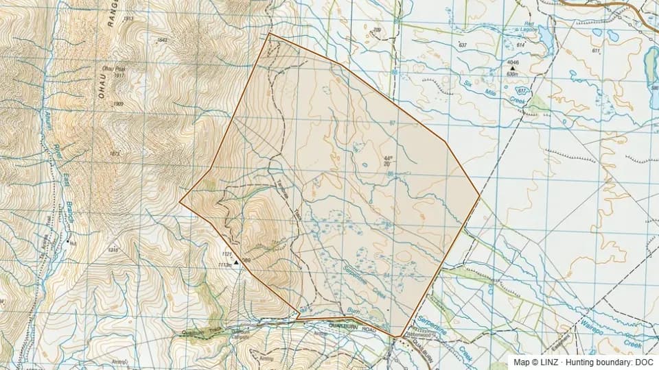 Topographic map of Ohau Moraines in Canterbury, New Zealand, with the DOC hunting boundary outlined.