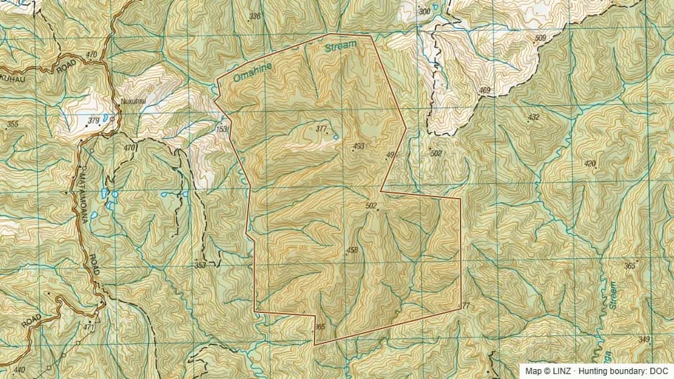 Topographic map of Omahine Conservation Area in Taranaki, New Zealand, with the DOC hunting boundary outlined.
