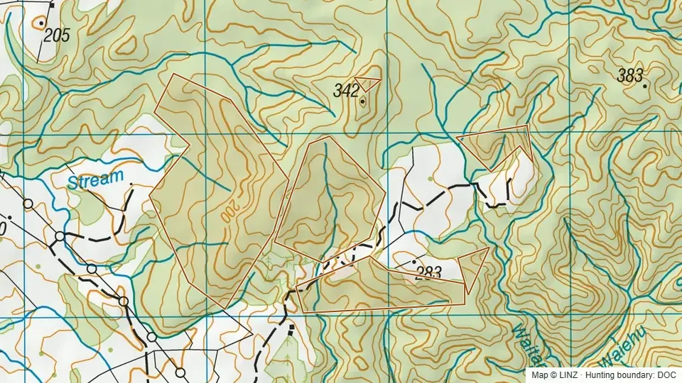 Topographic map of Omahuta Forest Addition No1.Conservation Area in Northland, New Zealand, with the DOC hunting boundary outlined.