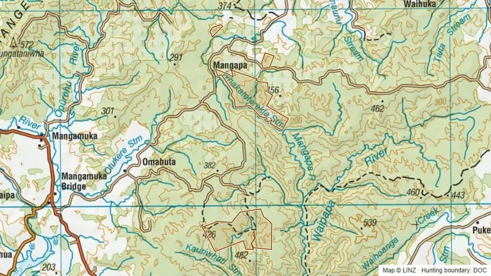 Topographic map of Omahuta Forest Addition in Northland, New Zealand, with the DOC hunting boundary outlined.