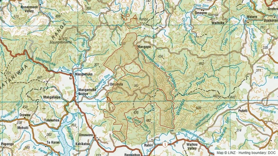 Topographic map of Omahuta Forest in Northland, New Zealand, with the DOC hunting boundary outlined.