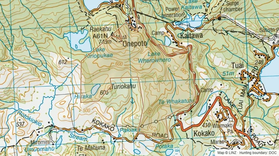 Topographic map of Onepoto Conservation Area in Hawke's Bay, New Zealand, with the DOC hunting boundary outlined.