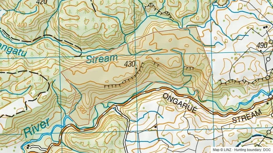Topographic map of Ongarue Scenic Reserve in Manawatu-Wanganui, New Zealand, with the DOC hunting boundary outlined.