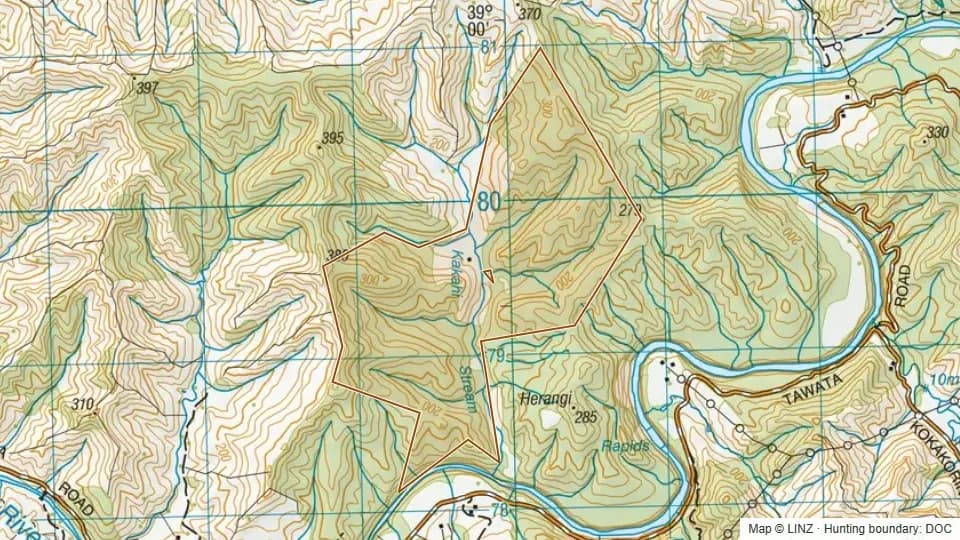 Topographic map of Opatu Conservation Area in Manawatu-Wanganui, New Zealand, with the DOC hunting boundary outlined.
