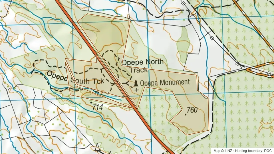 Topographic map of Opepe Bush Scenic & Historic Reserve in Waikato, New Zealand, with the DOC hunting boundary outlined.