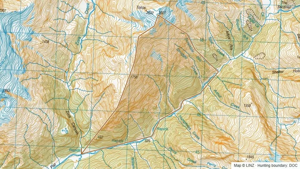 Topographic map of Opposite Percy in West Coast, New Zealand, with the DOC hunting boundary outlined.