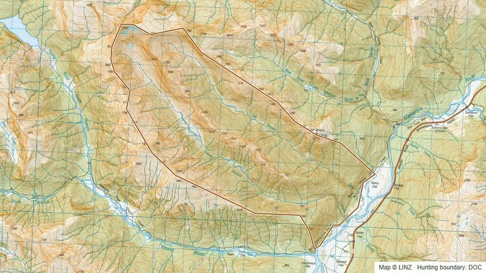 Topographic map of Ore-Leven in Otago, New Zealand, with the DOC hunting boundary outlined.