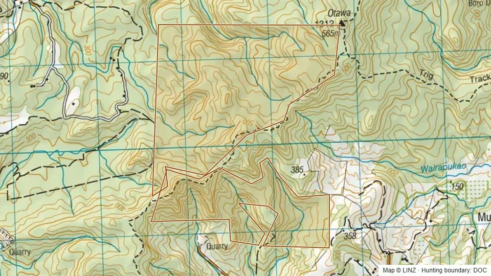 Topographic map of Oropi Forest in Bay of Plenty, New Zealand, with the DOC hunting boundary outlined.