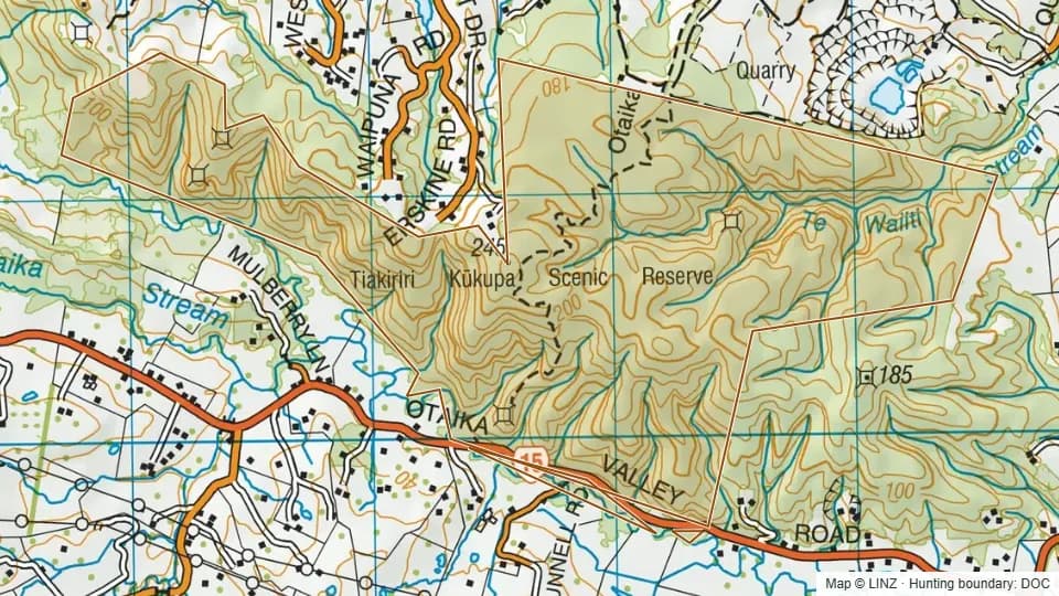 Topographic map of Otaika Valley Scenic Reserve in Northland, New Zealand, with the DOC hunting boundary outlined.