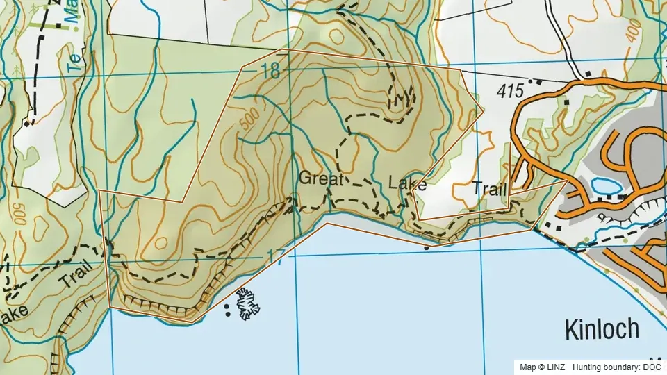 Topographic map of Otaketake Stream Scenic Reserve Part A in Waikato, New Zealand, with the DOC hunting boundary outlined.