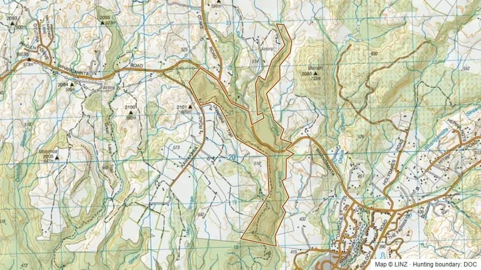 Topographic map of Otaketake Stream Scenic Reserve Part B in Waikato, New Zealand, with the DOC hunting boundary outlined.