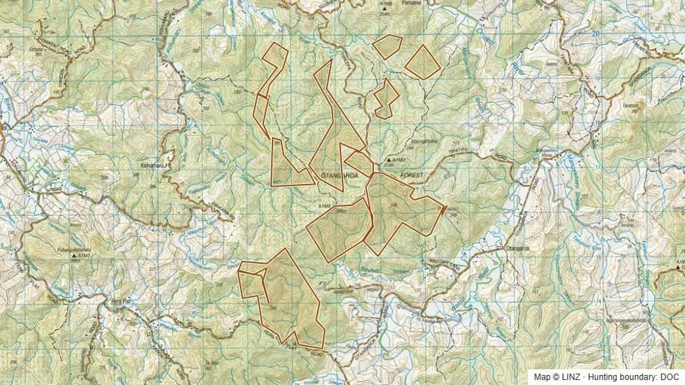 Topographic map of Otangaroa Conservation Area in Northland, New Zealand, with the DOC hunting boundary outlined.