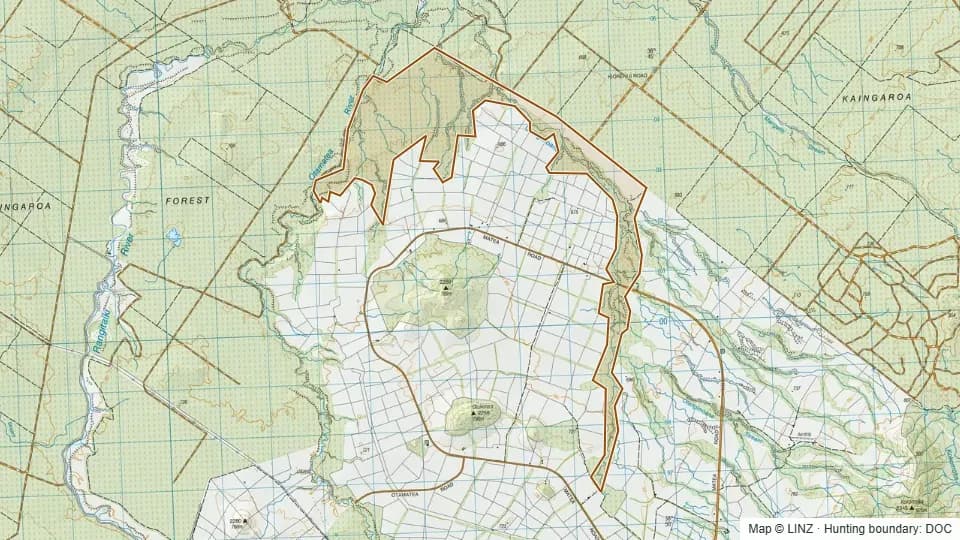 Topographic map of Otangimoana Conservation Area in Bay of Plenty, New Zealand, with the DOC hunting boundary outlined.