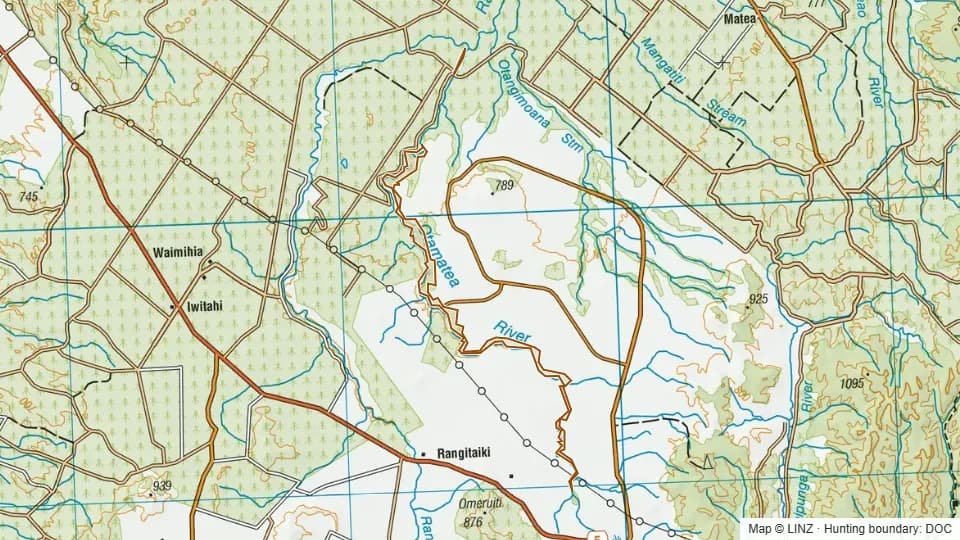 Topographic map of Otangimoana Marginal Strip in Bay of Plenty, New Zealand, with the DOC hunting boundary outlined.