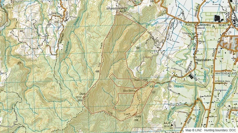 Topographic map of Otawa Scenic Reserve in Bay of Plenty, New Zealand, with the DOC hunting boundary outlined.