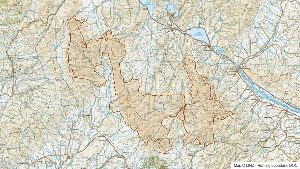 Topographic map of Oteake in Canterbury, New Zealand, with the DOC hunting boundary outlined.