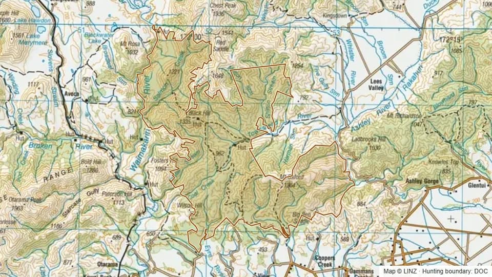 Topographic map of Oxford Forest in Canterbury, New Zealand, with the DOC hunting boundary outlined.